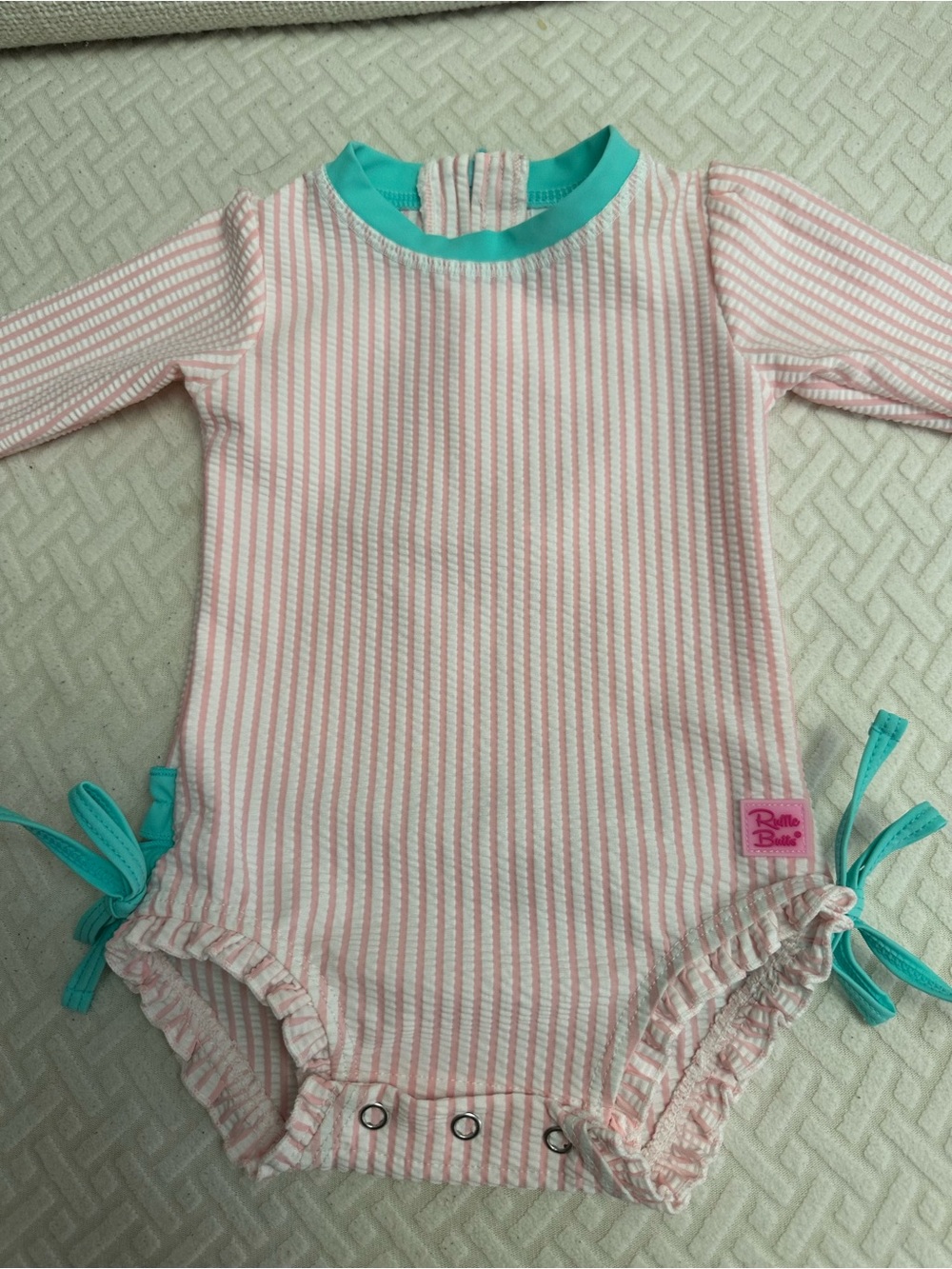 Ruffle Butts Pink & Teal Striped Long-Sleeve One-Piece